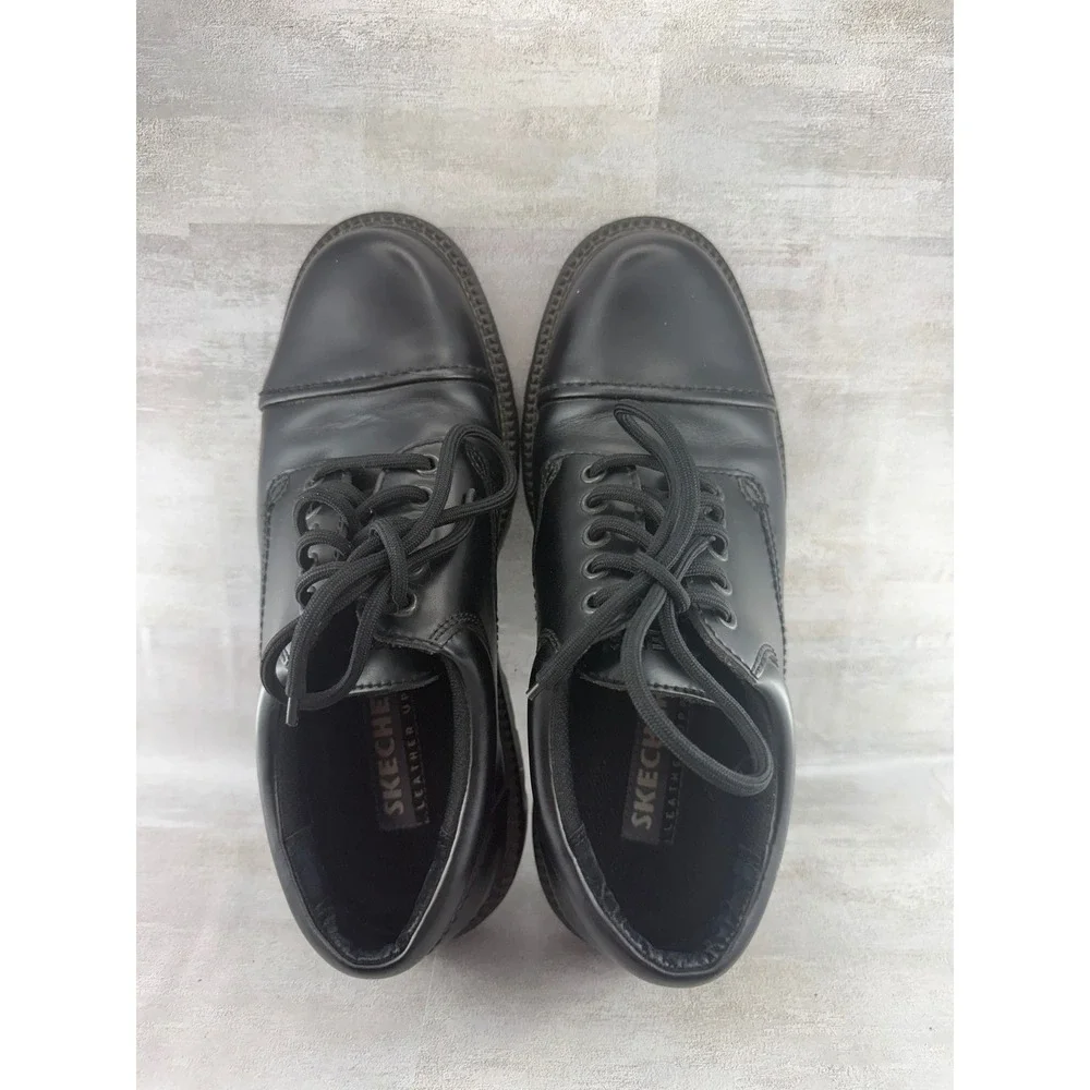 Skechers 4147 Black Leather Cap Toe Oxford Work Shoes Men 9 Slip Resistant Lug